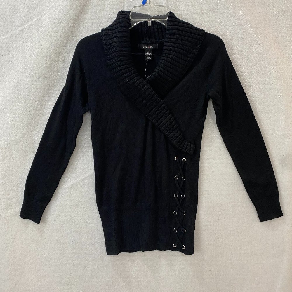 Style & Co Women's Sweater V-Neck Laced Front Woman's XS Black Long Sleeve NEW